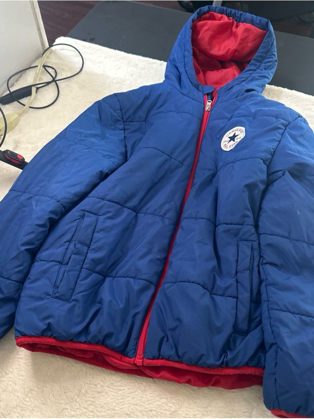 Converse Kids Hooded Reversible Puffer Jacket - Blue with Red Trim